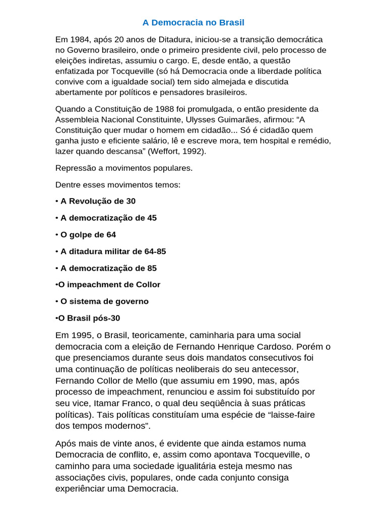 Evolução da Democracia no Brasil | PDF