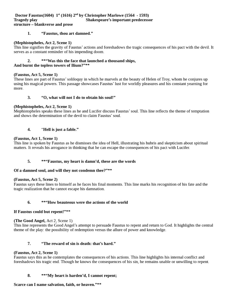 Key Quotes from Doctor Faustus Analysis | PDF | Religious Belief And ...
