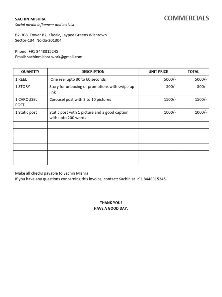Sachin Mishra Influencer Services Invoice | PDF