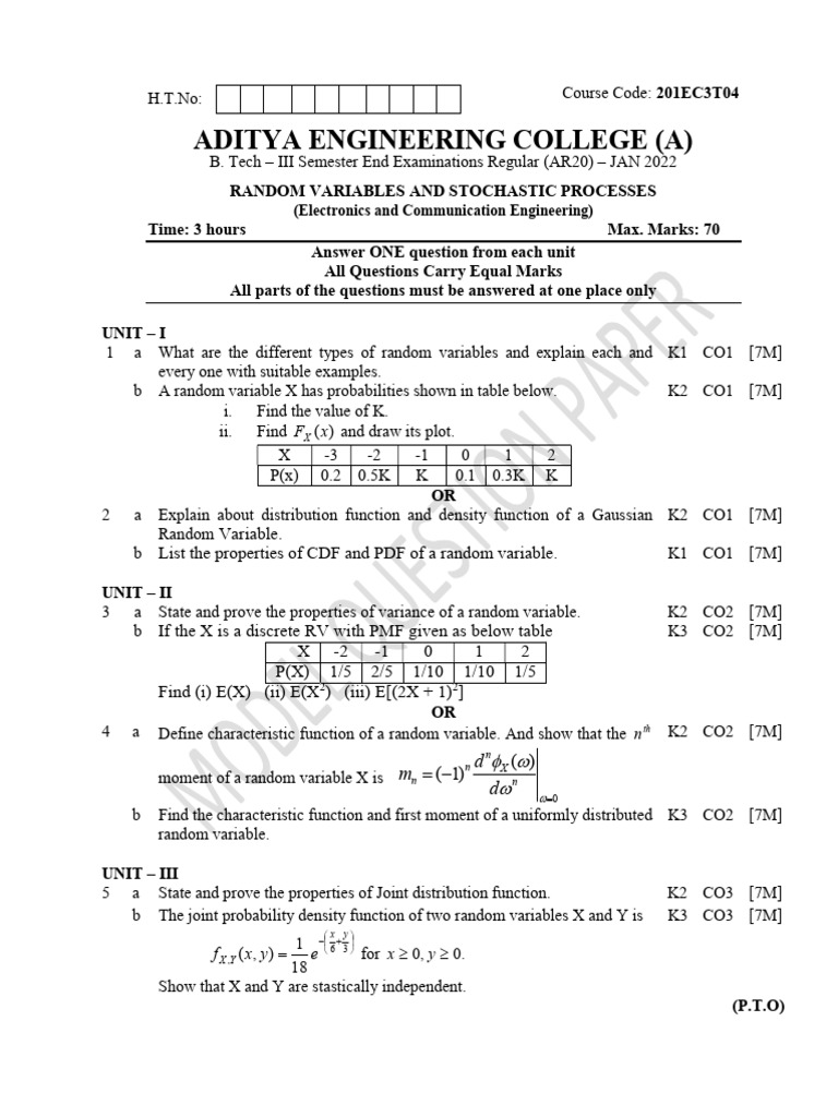 Random Variables & Stochastic Processes Exam | PDF | Random Variable ...