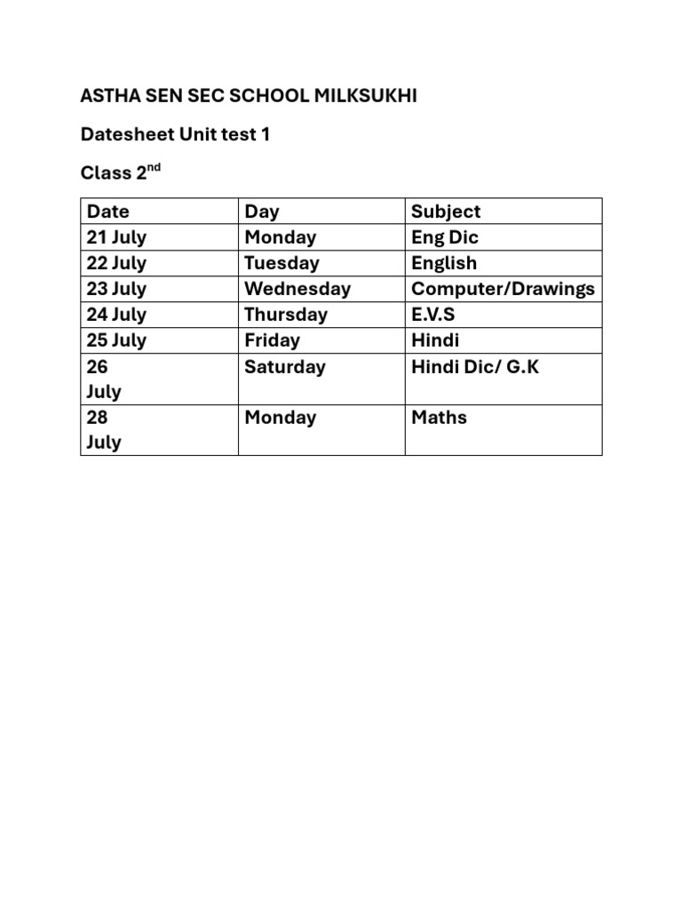 Class 2 Unit Test 1 Datesheet | PDF