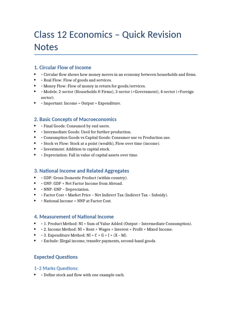 Class 12 Economics Revision Notes | PDF