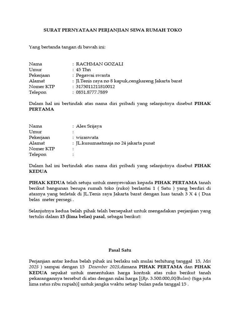 Perjanjian Sewa Ruko Jakarta 2025 | PDF