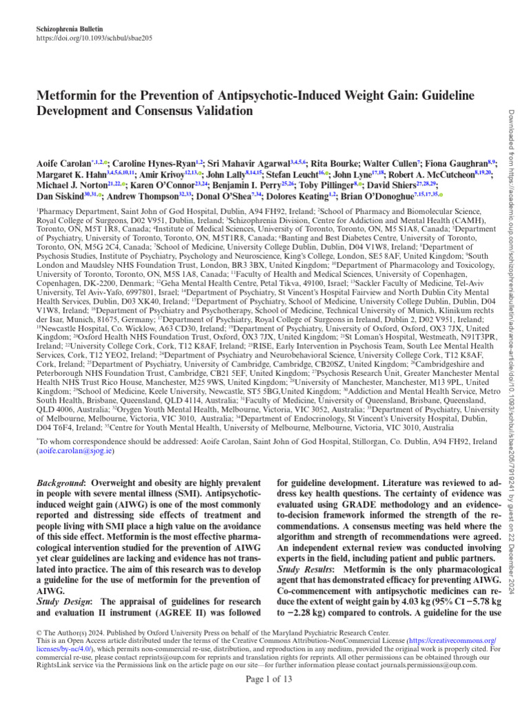 Metformin For The Prevention of Antipsychotic Induced Weight Gain | PDF ...