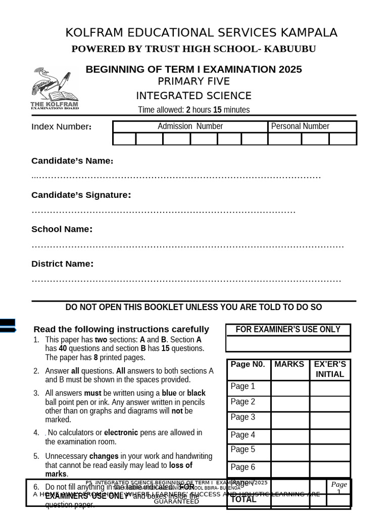 P5 Integrated Science Exam Paper 2025 | PDF | Photosynthesis | Agriculture