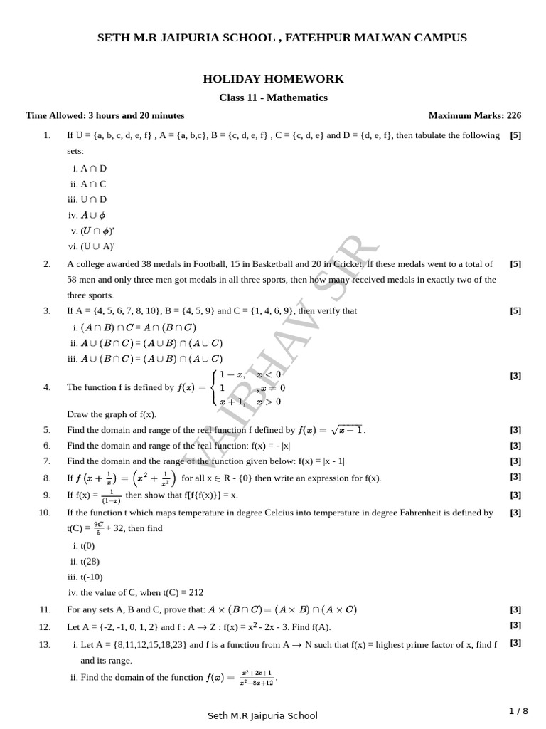 Class 11 Mathematics Holiday Homework | PDF | Function (Mathematics ...