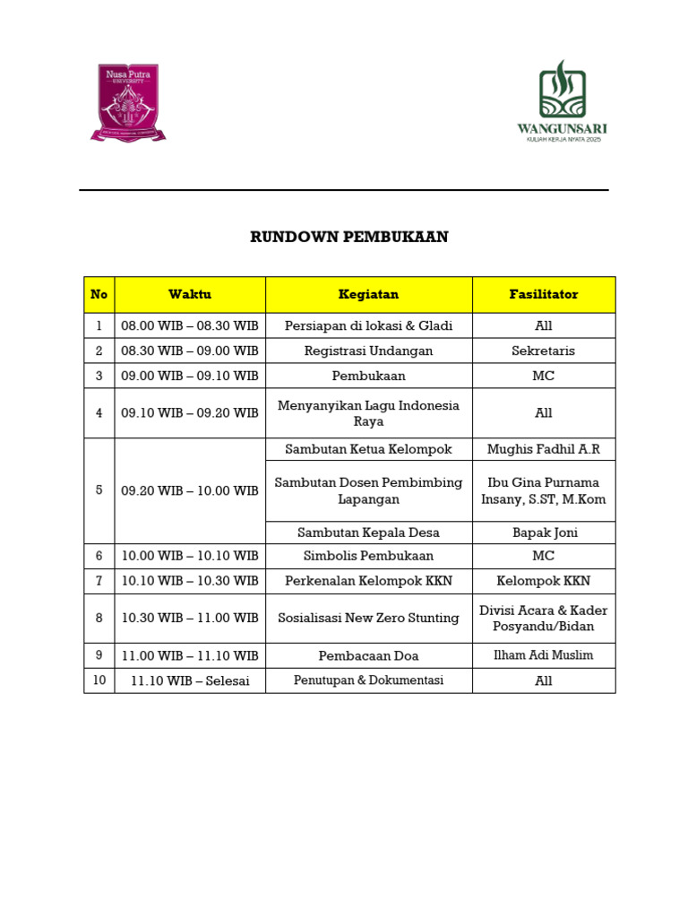 Rundown KKN Universitas Nusa Putra | PDF