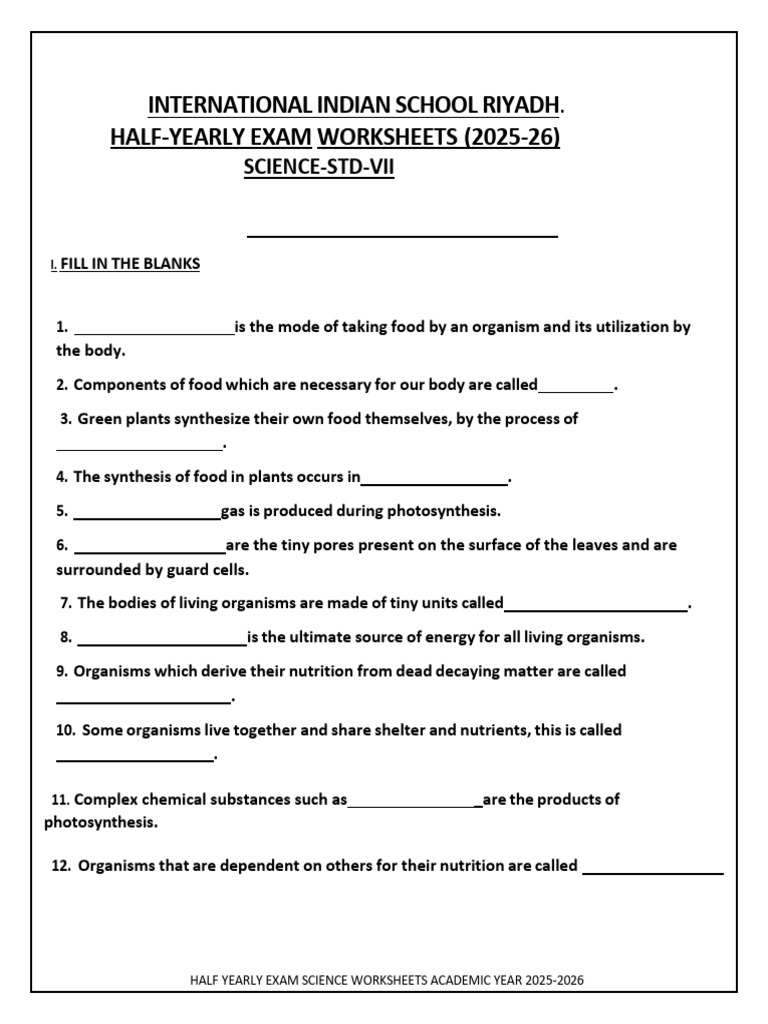 Class 7 Science Half-Yearly Exam 2025 | PDF | Digestion | Foods
