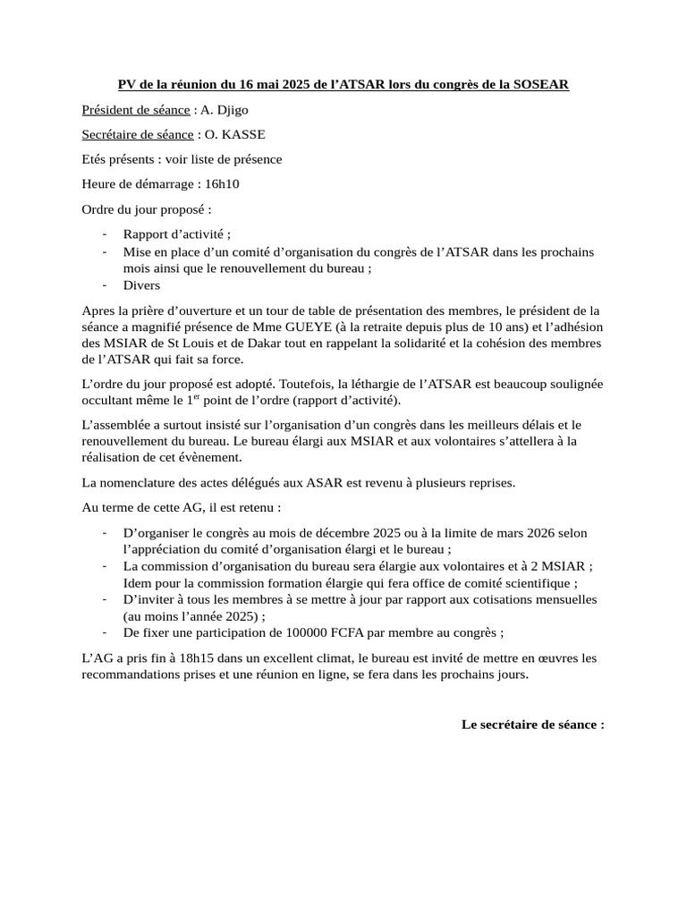 PV Réunion ATSAR - Congrès SOSEAR 2025 | PDF