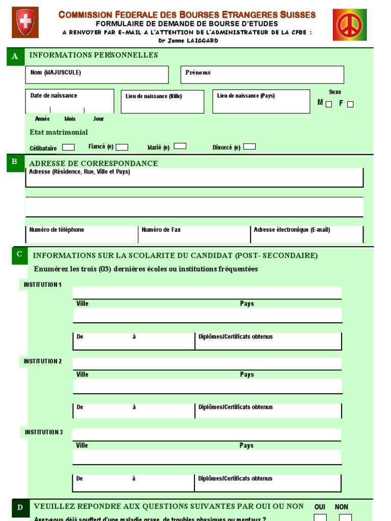 Formulaire de Candidature Aux Bourses d Etudes Suisses