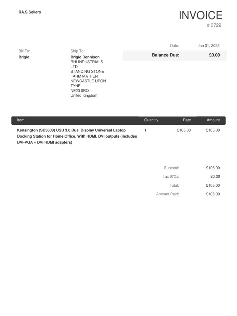 Invoice for Kensington USB Docking Station | PDF