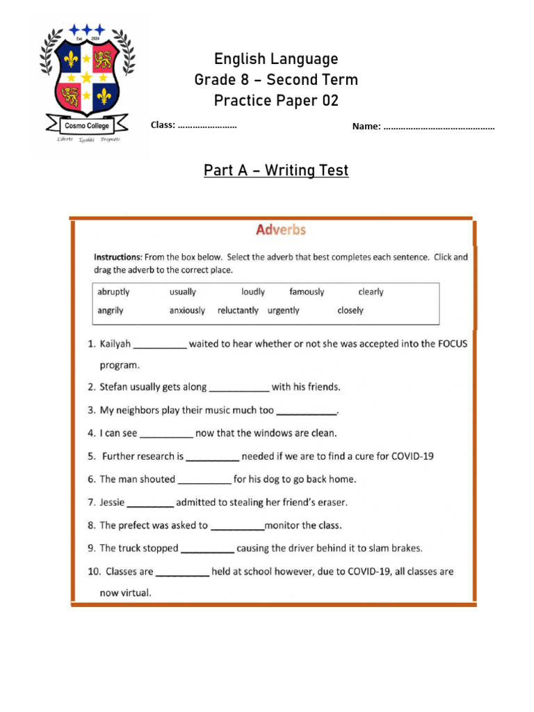 Grade 8 English Writing Practice Test | PDF