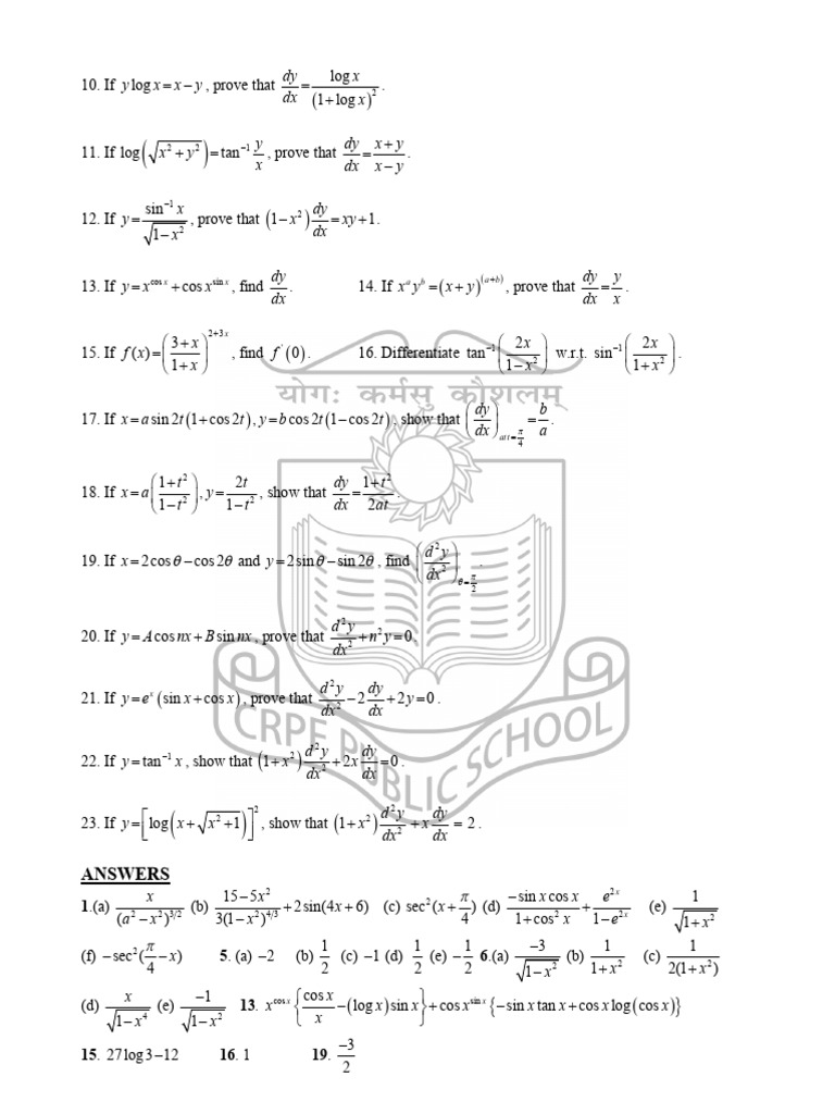 Xii Differentiation Assignment | PDF