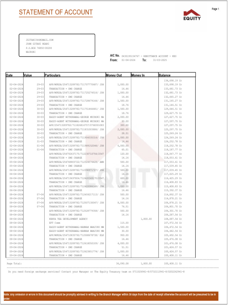 Statement of Account: Date Value Particulars Money Out Money in Balance ...