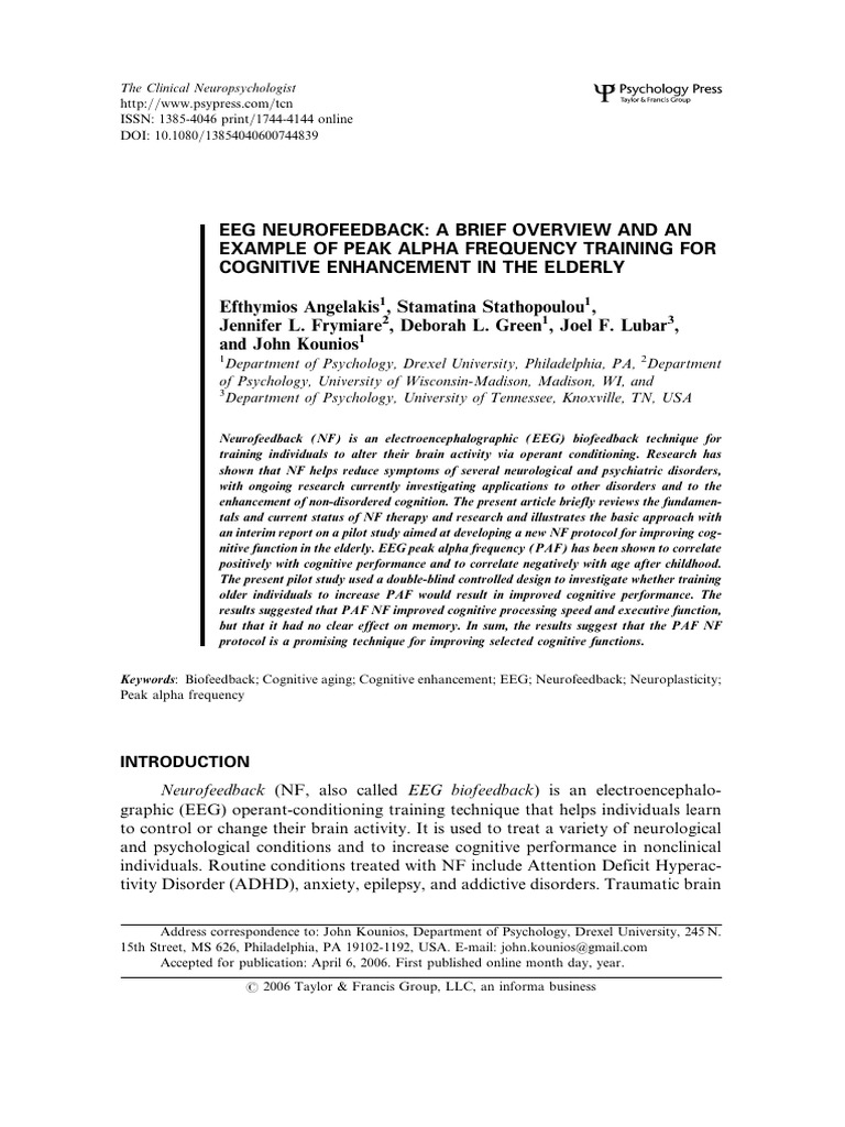 Peak Alpha Frequency Training in Elderly | PDF | Neurofeedback ...
