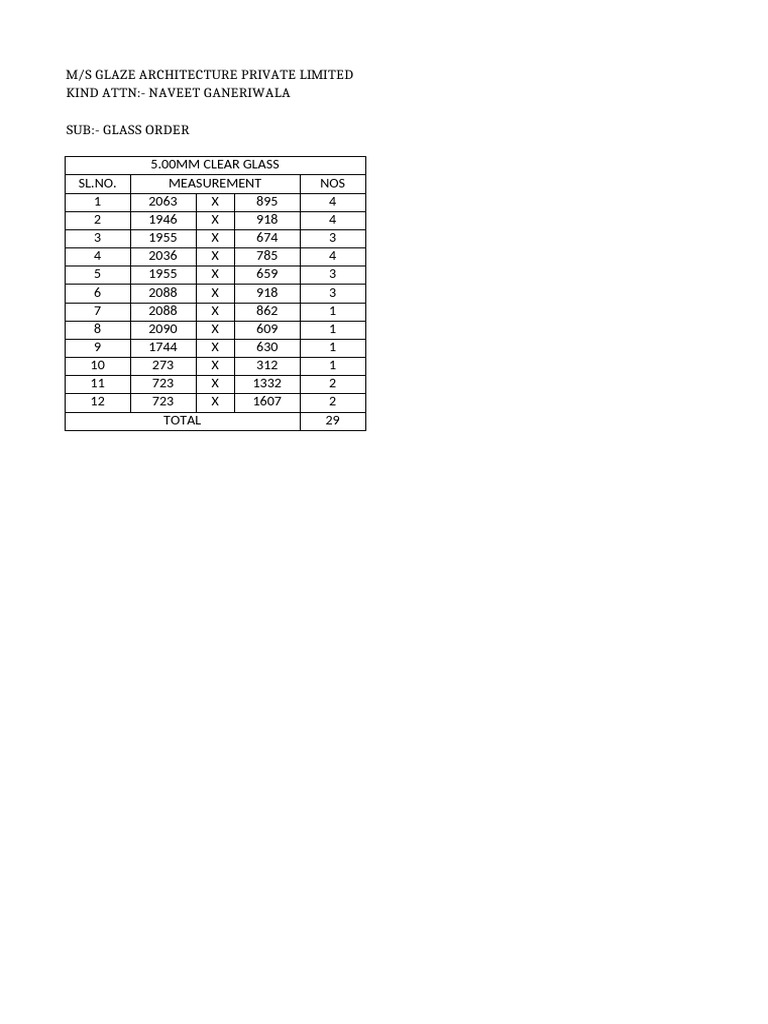 Glass Order Details for M/S Glaze Architecture | PDF