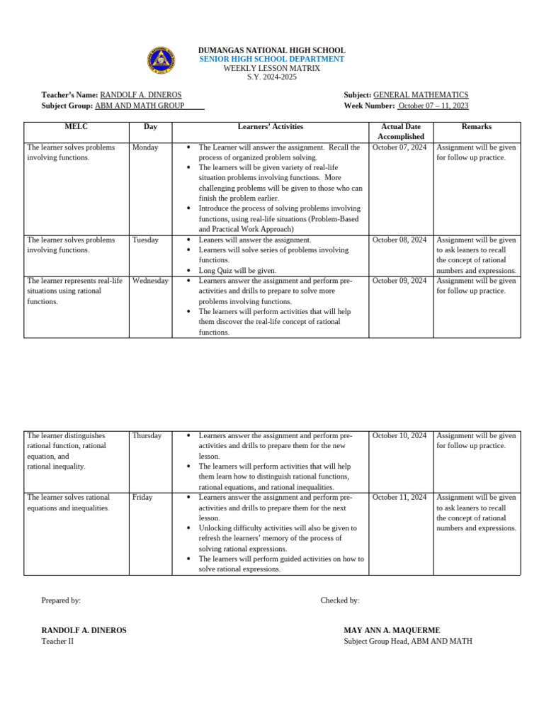 DINEROS - RA-GenMath WEEKLY-LESSON-MATRIX 10-07-11, 2024 | PDF ...