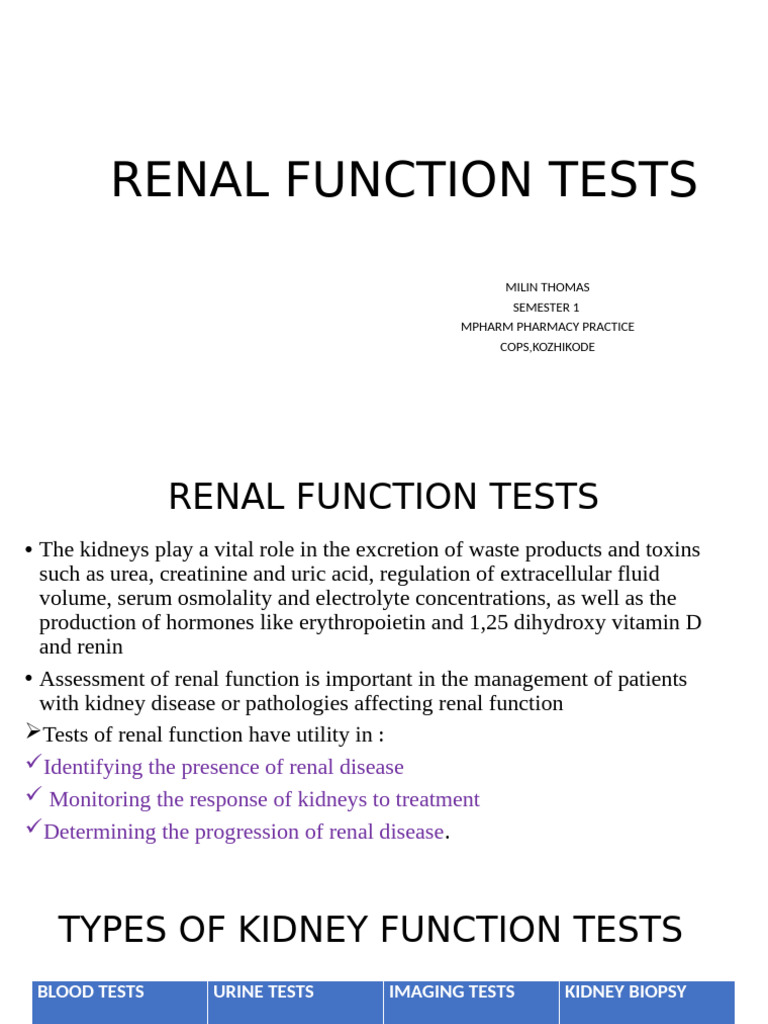 Overview of Renal Function Tests | PDF | Creatinine | Kidney
