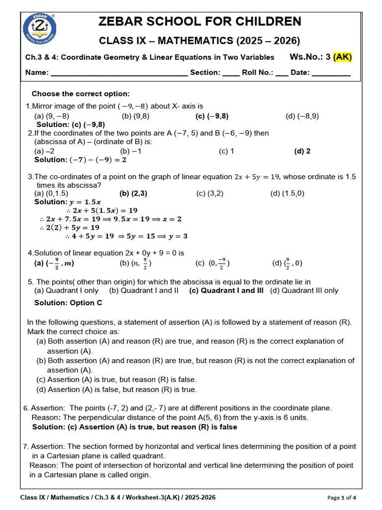 Class IX Math: Coordinate Geometry & Linear Equations Worksheet | PDF ...