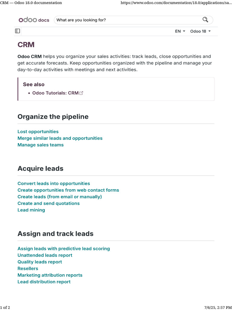 Odoo 18 CRM Documentation Guide | PDF