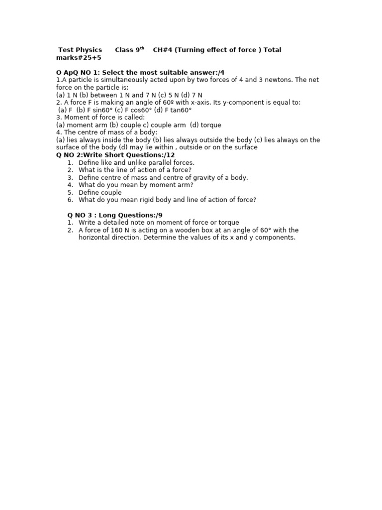 Class 9 Physics Test: Turning Effect of Force | PDF