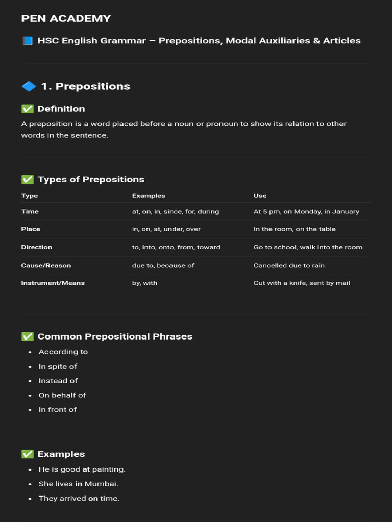 Article, Model Auxiliary and Preposition (By Er - Saalim Ansari) | PDF