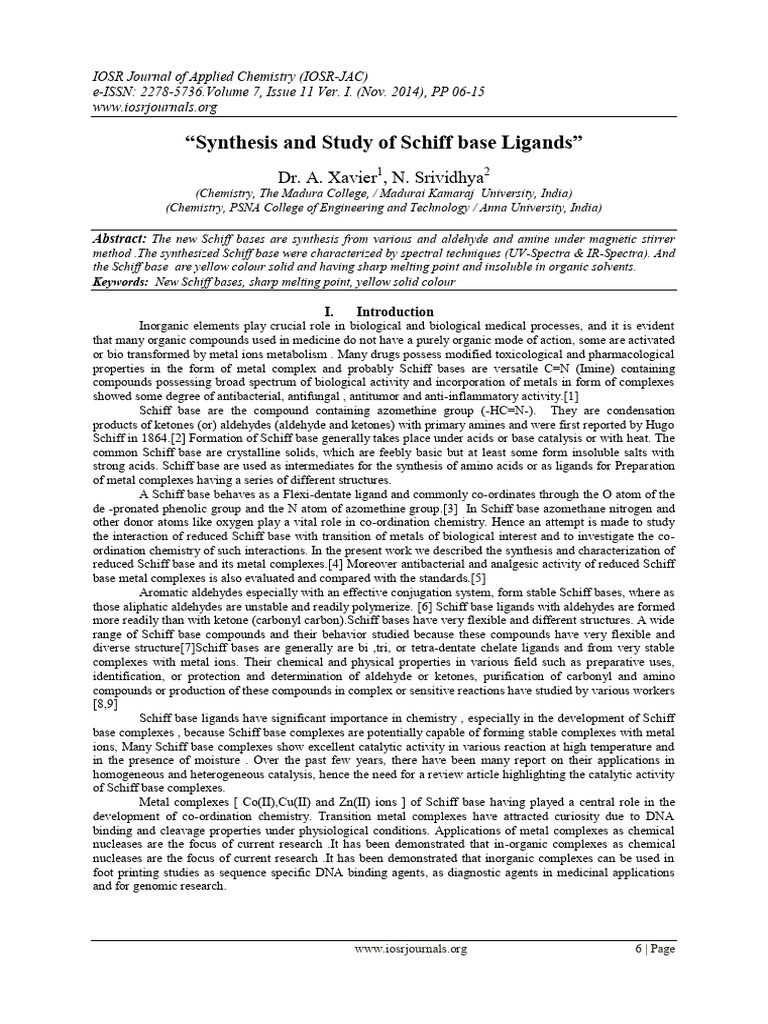 Synthesis and Study of Schiff Base Liga | PDF | Amine | Coordination ...