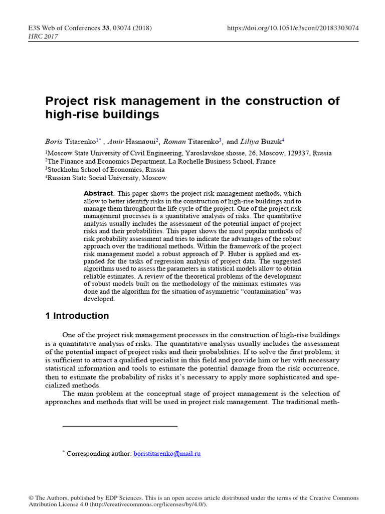 Project Risk Management in The Construction of Hig | PDF | Estimator ...