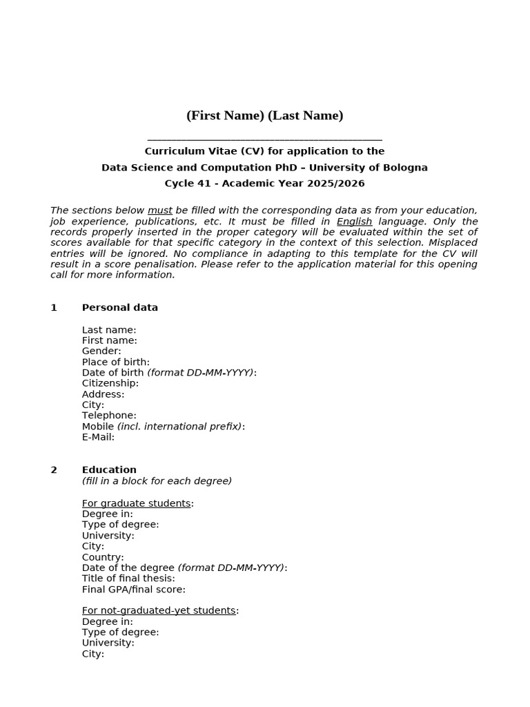 CV Template for UNIBO PhD Applicants | PDF | Thesis | Postgraduate ...