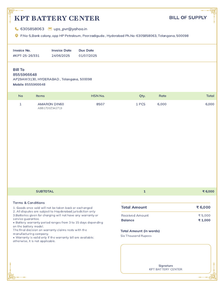 Exide Battery Invoice KPT-25-26/331 | PDF