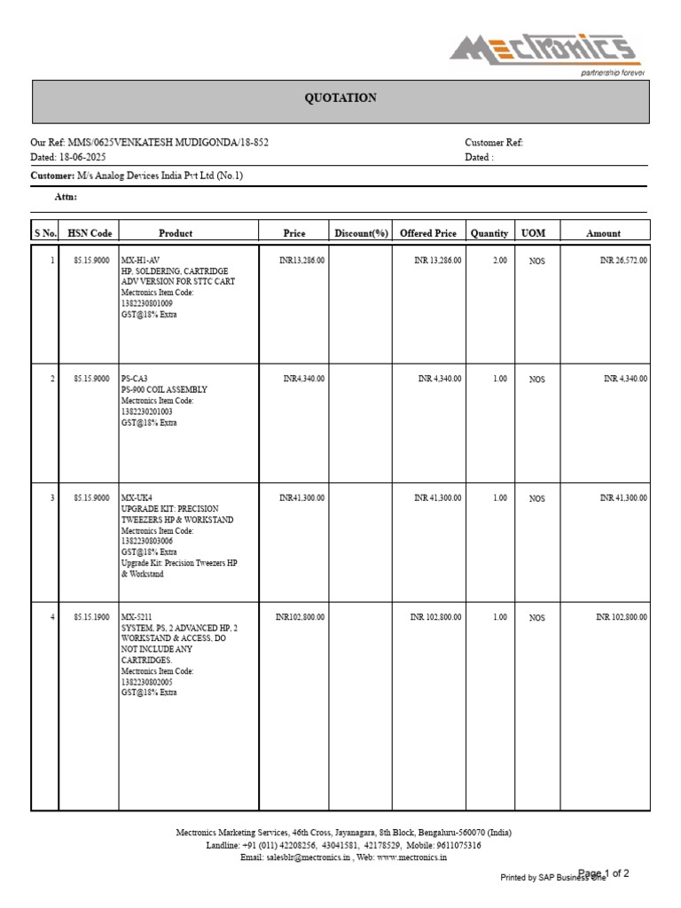 Quotation for Mectronics Products | PDF