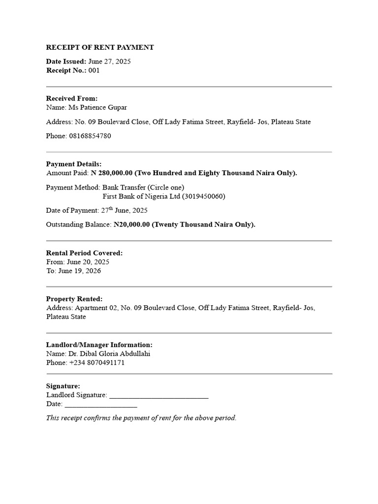 Receipt of Rent Payment | PDF