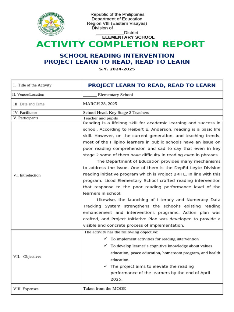 Project Learn to Read Completion Report | PDF | Teachers | Learning