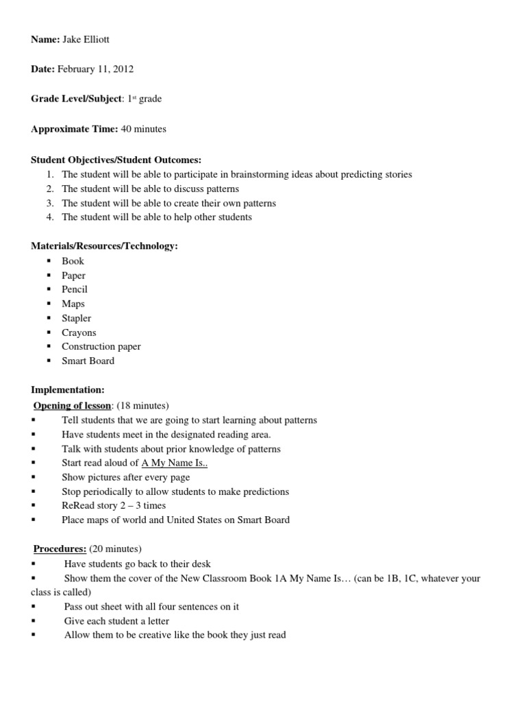 1st Grade Pattern Learning Lesson Plan | PDF | Language Arts ...