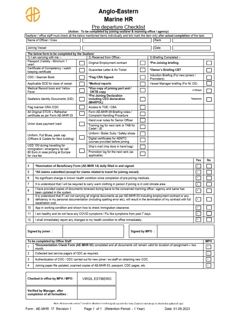 Pre-Departure Checklist for Seafarers | PDF | Sailor | Travel Visa