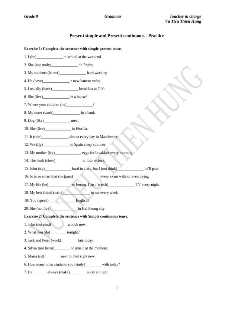 Grade 9 Grammar: Present Tenses Practice | PDF