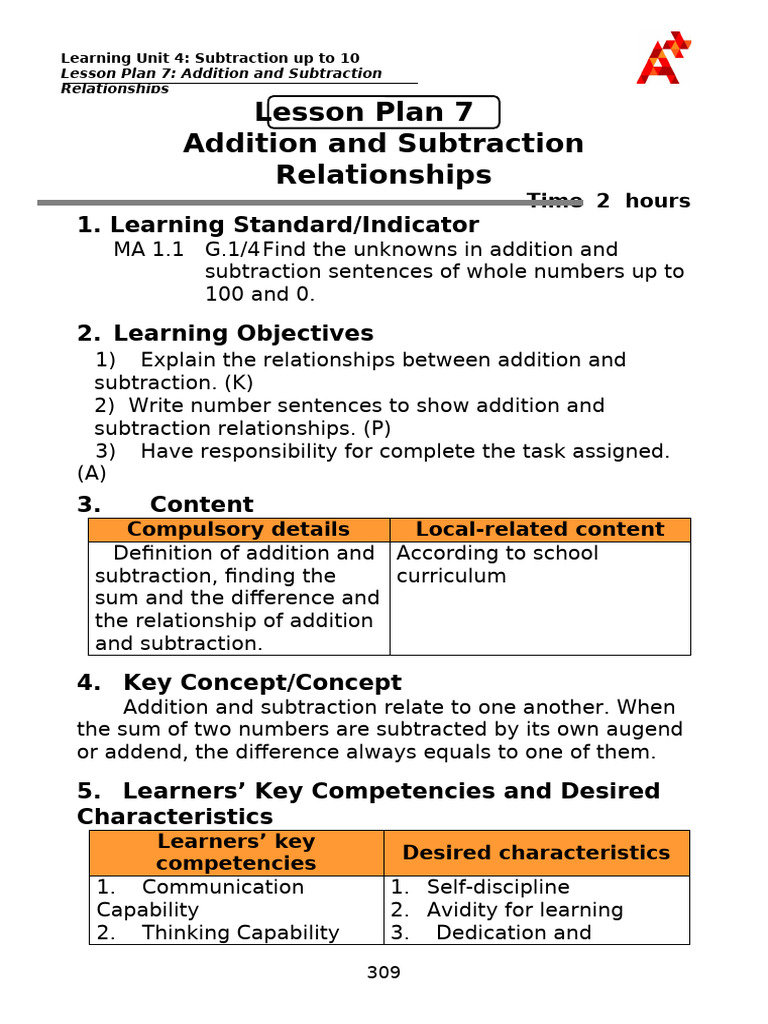 Addition and Subtraction Lesson Plan | PDF | Learning | Education Theory