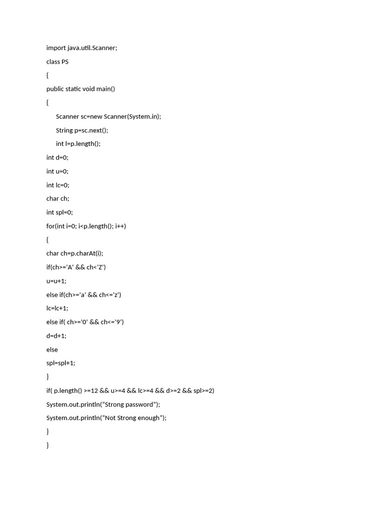Java Program for Strong Password Validation | PDF