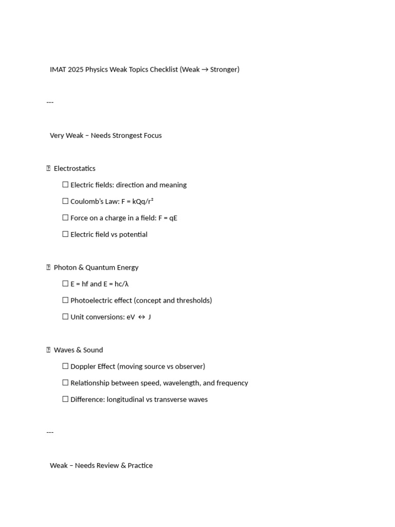 ? IMAT 2025 Physics Weak Topics Checklist | PDF