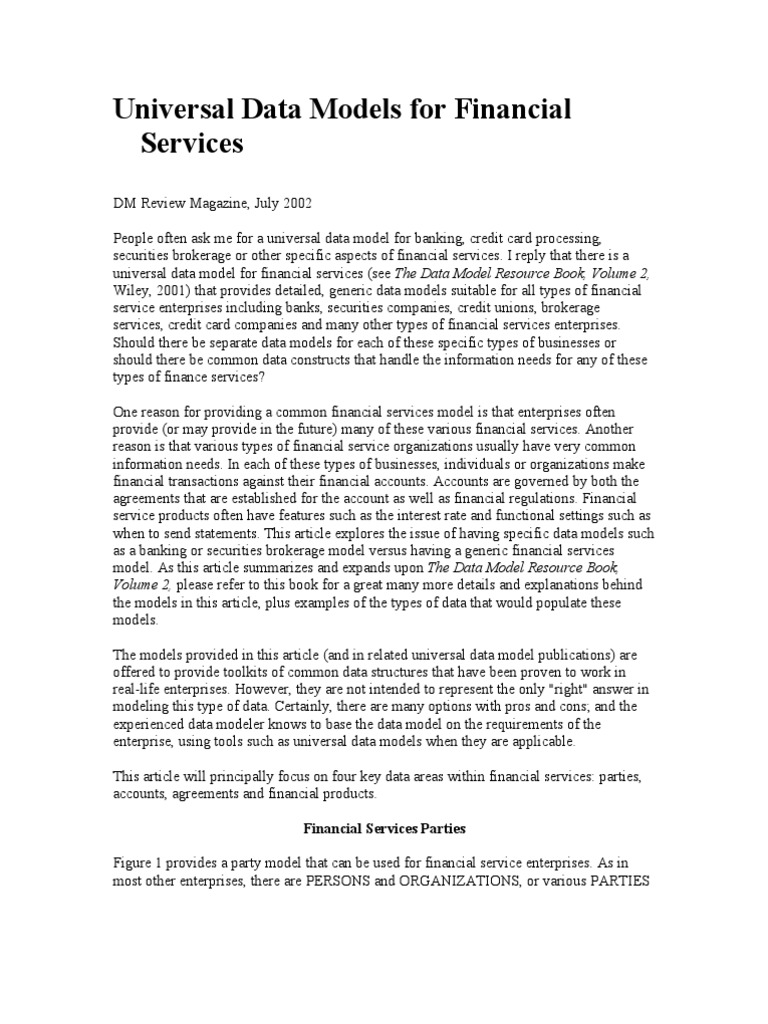 Universal Data Models For Financial Services PDF Data Model Banks