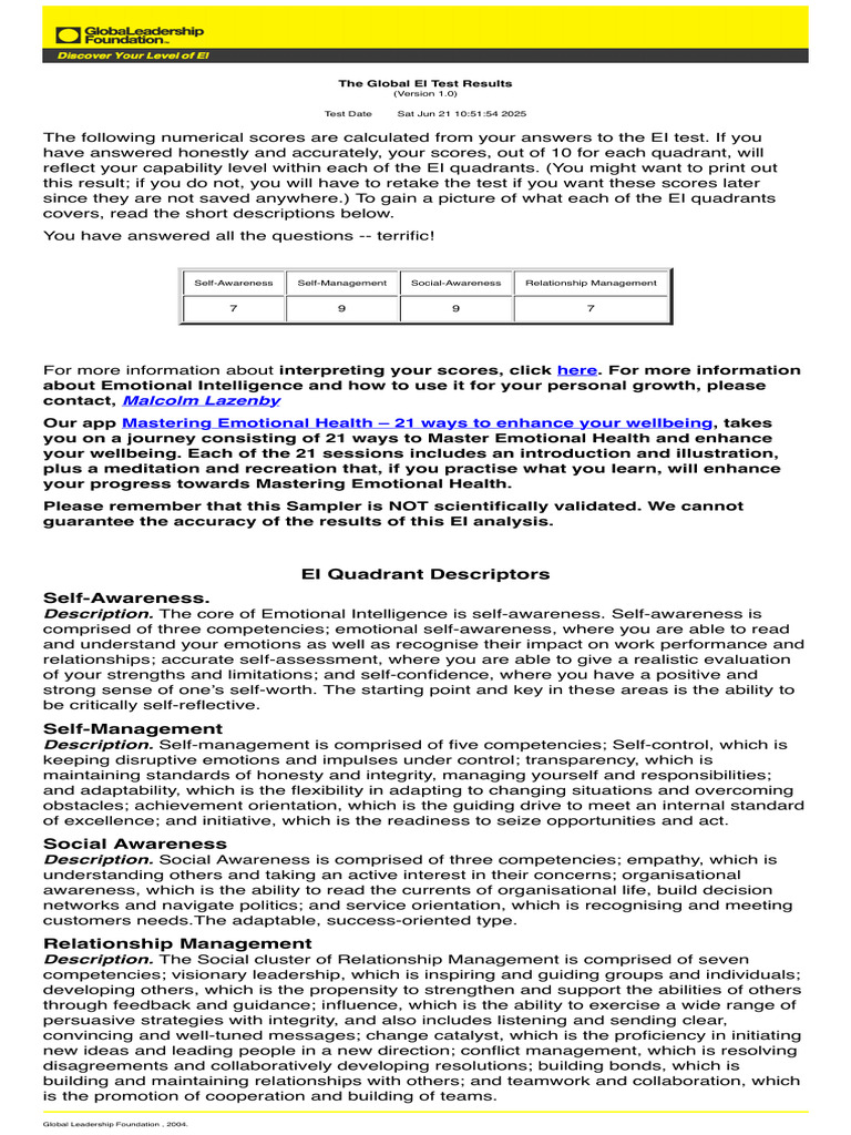 Global EI Test Results Overview | PDF | Emotional Intelligence | Leadership
