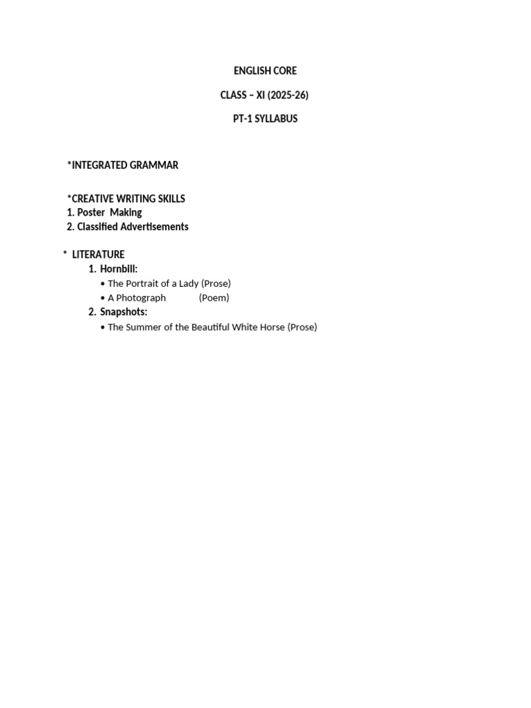 English Class 11 PRE MIDTERM Syllabus | PDF