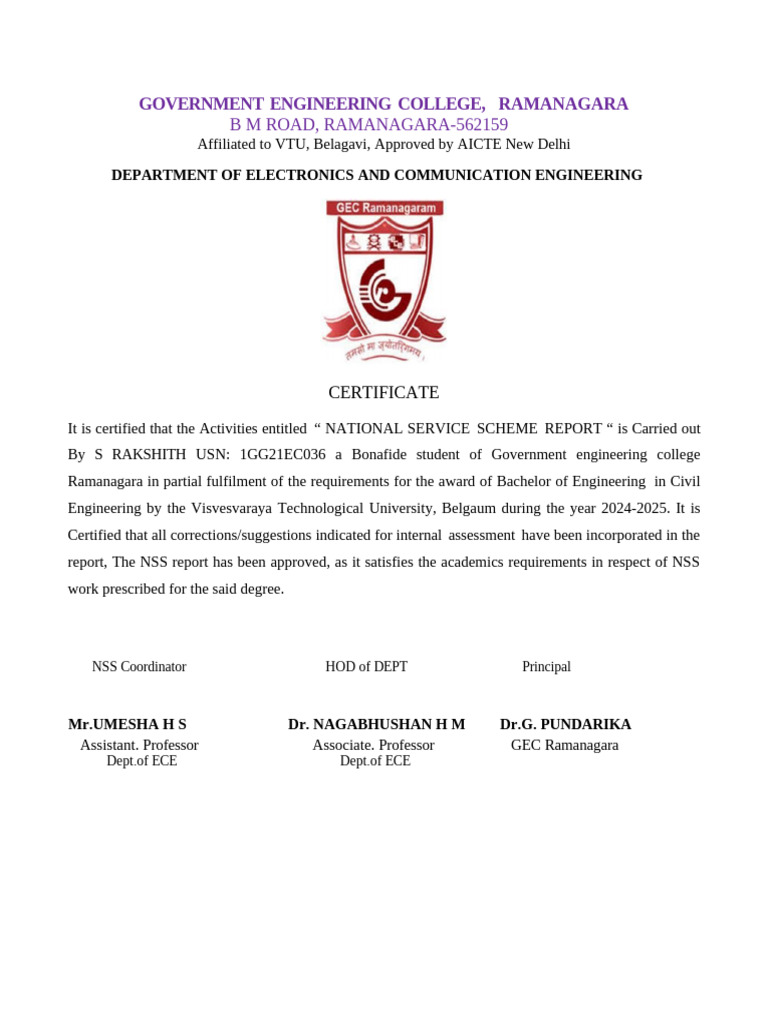 NSS Report Certification - GEC Ramanagara | PDF