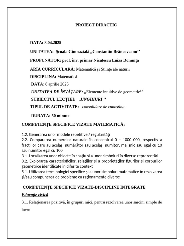 Proiect Didactic MATEMATICA CLASA a-IV-A Niculescu Luiza | PDF