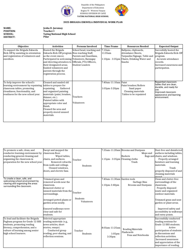 2025 Brigada Eskwela Work Plan | PDF | Classroom | Learning