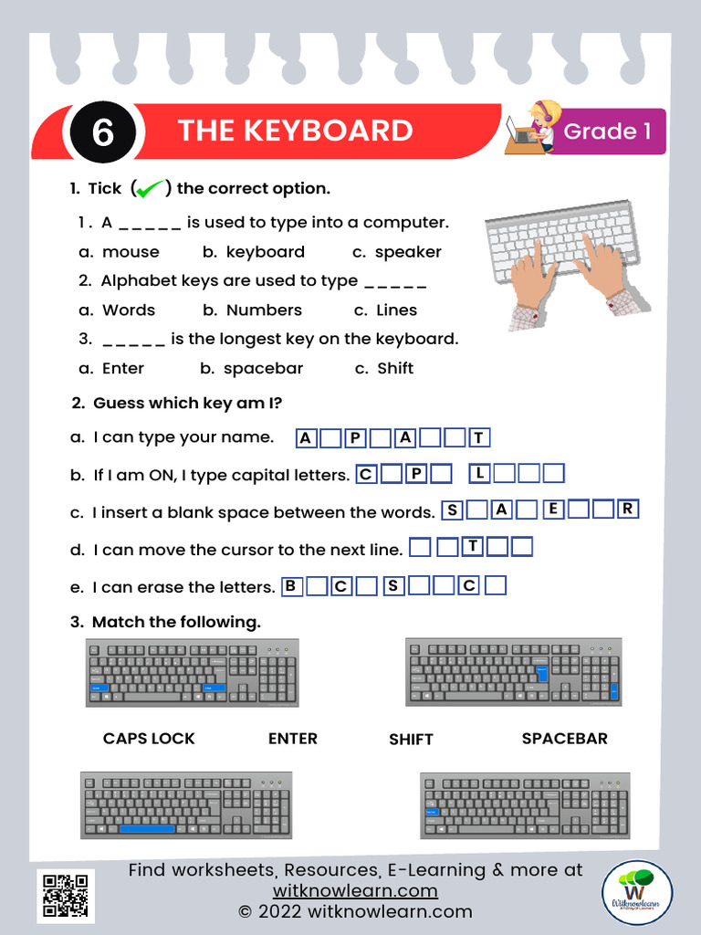 Keyboard Parts Worksheet for Grade 1 | PDF