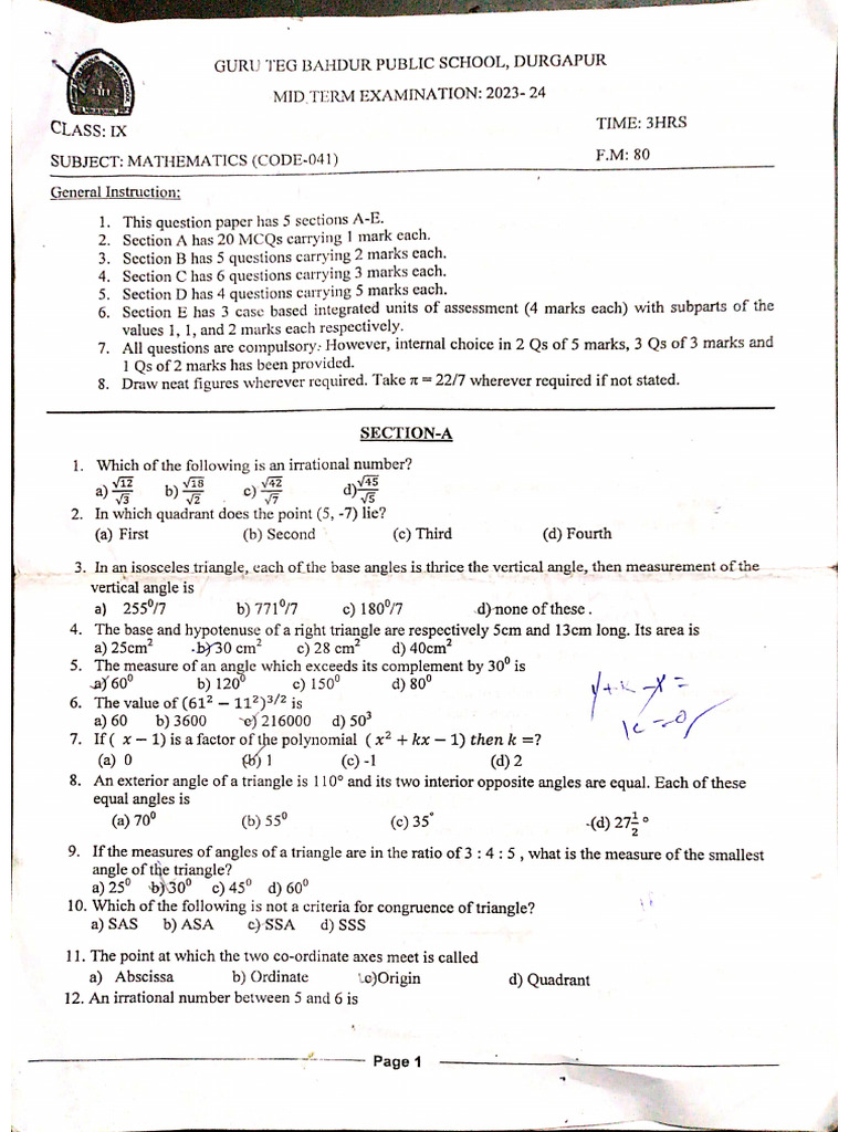 Class-9 Mathematics Mid Term | PDF