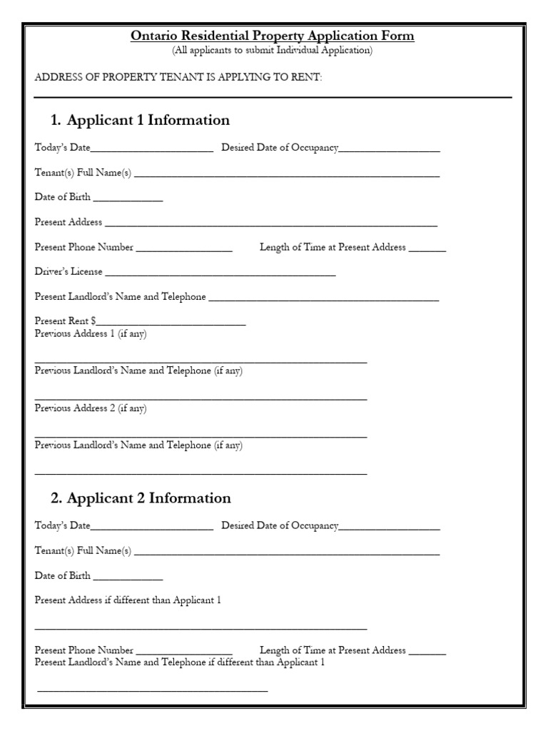 Ontario Tenant Application Form | PDF | Landlord | Leasehold Estate
