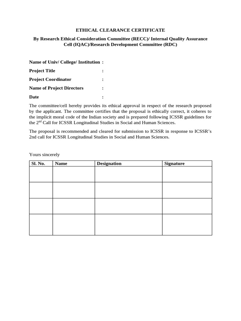 Ethical Clearance Certificate for Research | PDF