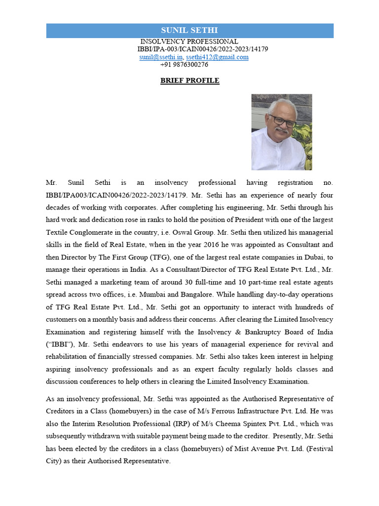 Sunil Sethi: Experienced Insolvency Professional | PDF